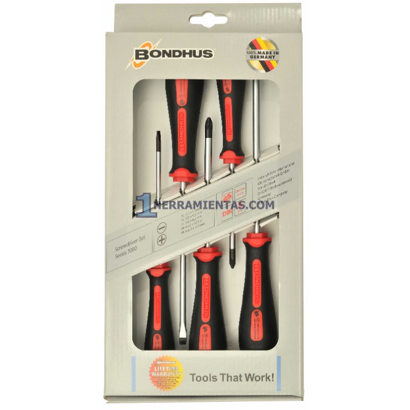 JUEGO DE 5 DESARMADORES PLANOS Y CRUZ POWERGRIP. BONDHUS 03300