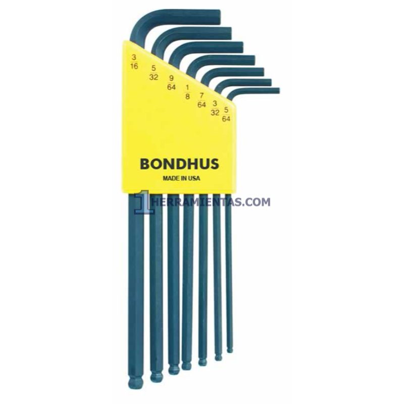 JUEGO DE 7 LLAVES HEXAGONALES PUNTA DE BOLA FRACCIONALES. 5/64" A 3/16". BONDHUS 10945