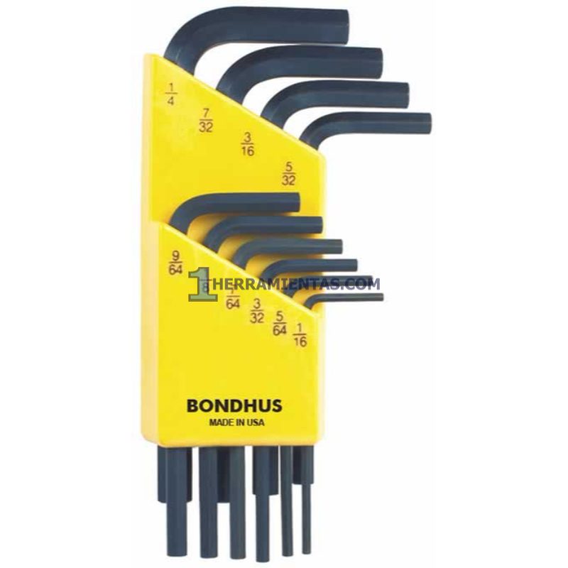 JUEGO DE 10 LLAVES HEXAGONALES CORTAS RECTAS FRACCIONALES. 1/16" A 1/4". BONDHUS 12238