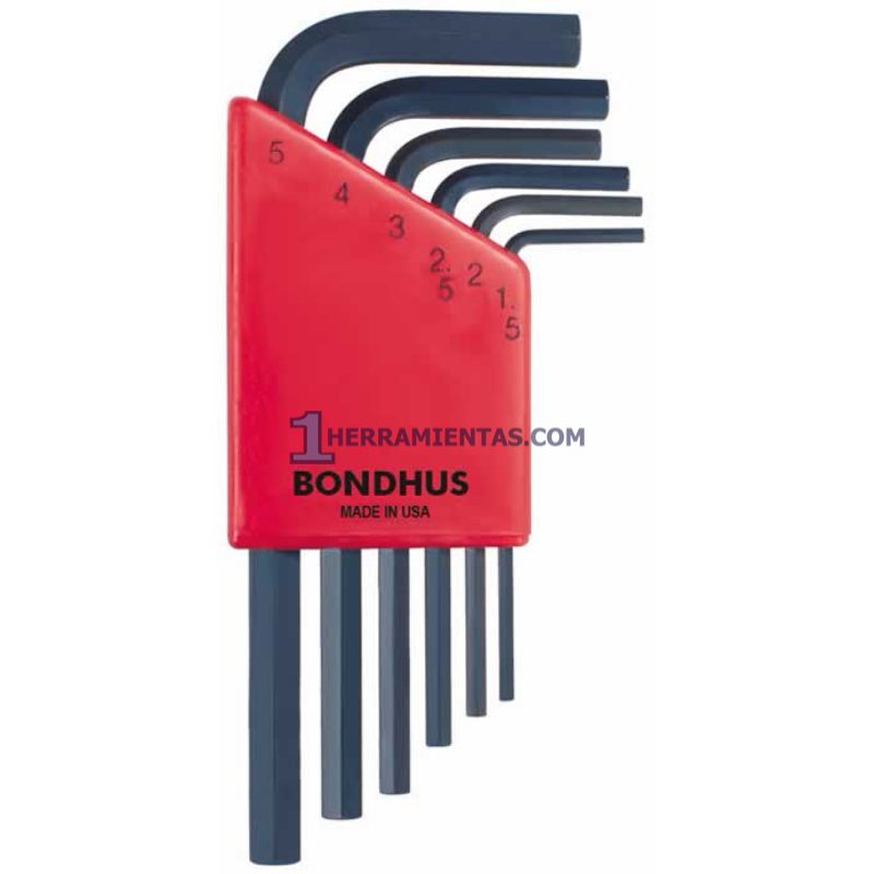 JUEGO DE 6 LLAVES HEXAGONALES CORTAS RECTAS MÉTRICAS. 1.5MM A 5.0MM. BONDHUS 12246