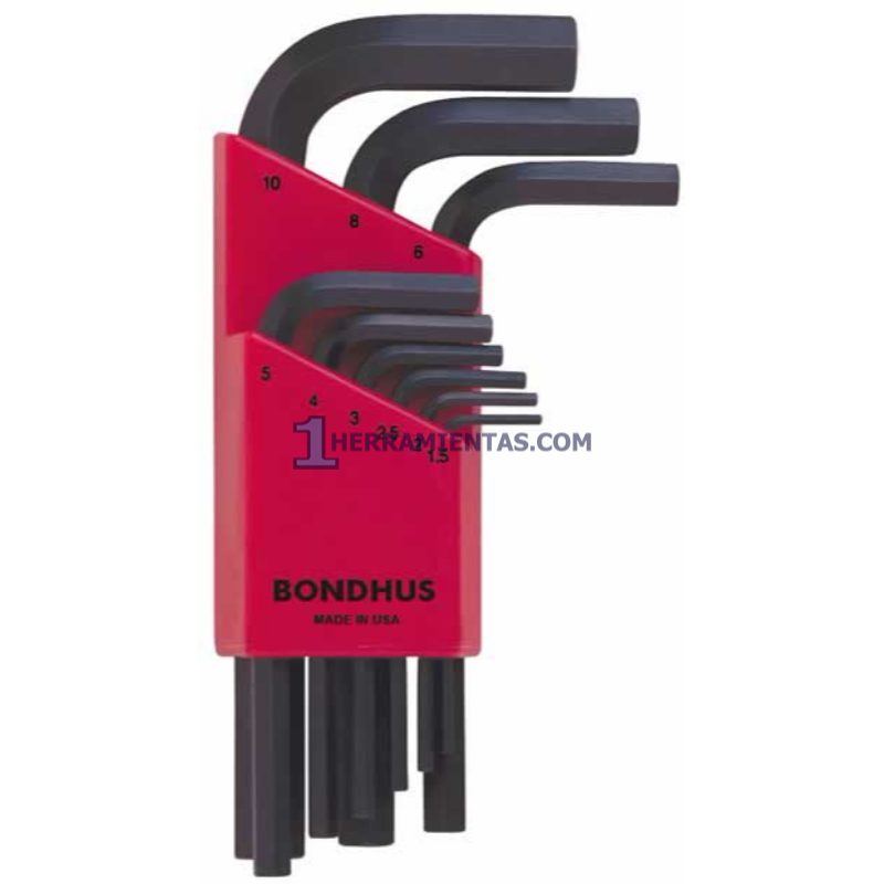 JUEGO DE 9 LLAVES HEXAGONALES CORTAS RECTAS MÉTRICAS. 1.5MM A 10MM. BONDHUS 12299