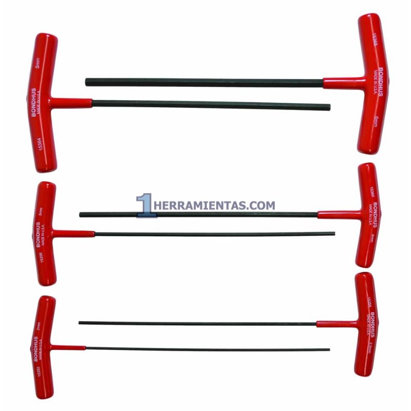 JUEGO DE 6 LLAVES HEXAGONALES MÉTRICAS EN "T" RECTA LARGO DE 9" . 2.0 A 6MM. BONDHUS 15348