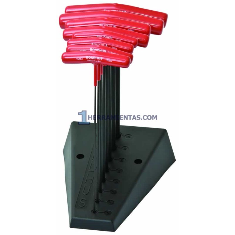 JUEGO DE 8 LLAVES HEXAGONALES MÉTRICAS EN "T" RECTA LARGO DE 9" 2.0 A 10.0MM CON BASE. BONDHUS 15389