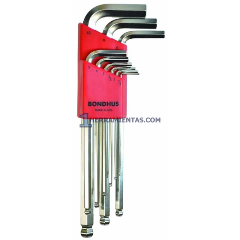 JUEGO DE 9 LLAVES HEXAGONALES PLATEADAS PUNTA DE BOLA MÉTRICAS DE 1.5 A 10MM. BONDHUS 16999