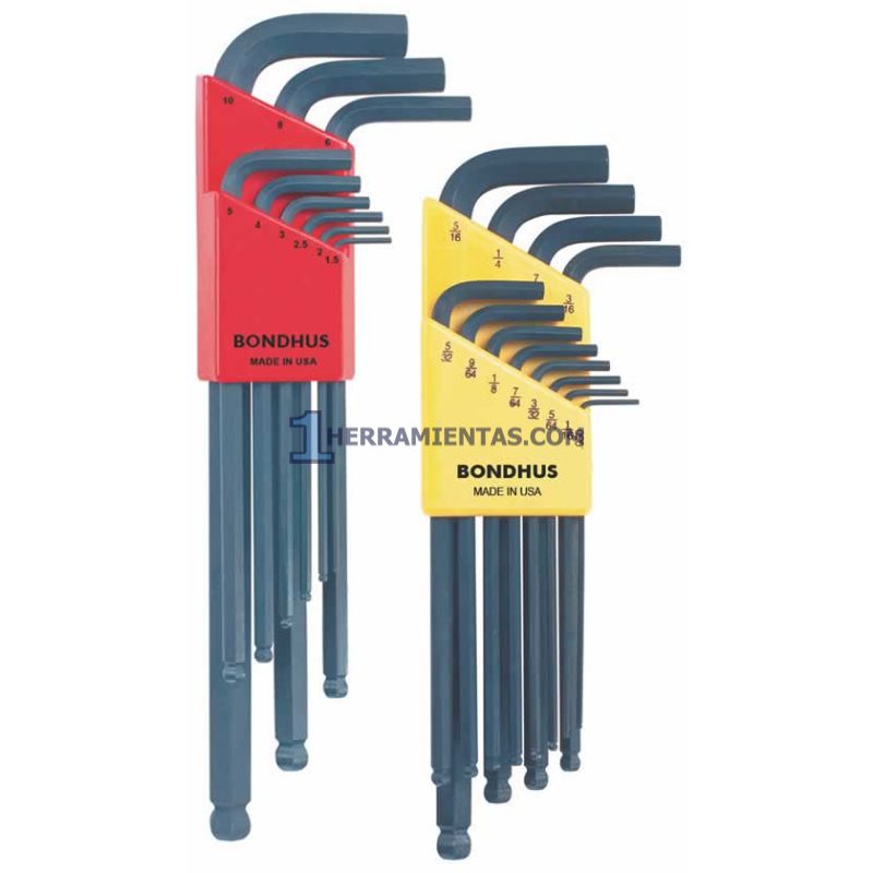 DOBLE PACK DE JUEGOS DE LLAVES HEXAGONALES PUNTA DE BOLA MÉTRICAS Y FRACCIONALES 21 PZS. BONDHUS 20196
