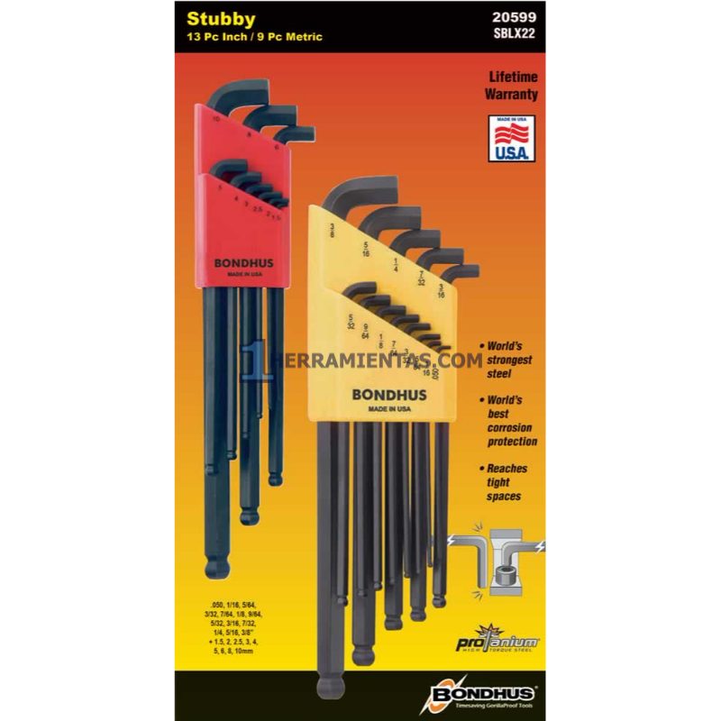 DOBLE PACK DE JUEGOS DE LLAVES HEXAGONALES "STUBBY" MÉTRICAS Y FRACCIONALES 22PZS. BONDHUS 20599