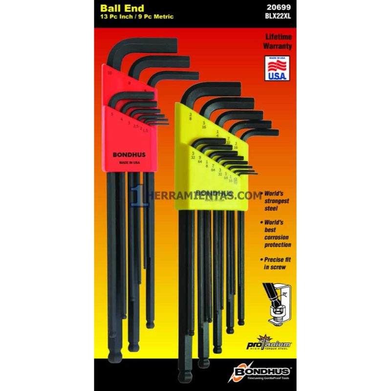 DOBLE PACK DE JUEGOS DE LLAVES HEXAGONALES EXTRA LARGAS PUNTA DE BOLA MÉTRICAS Y FRACCIONALES 22PZS. BONDHUS 20699