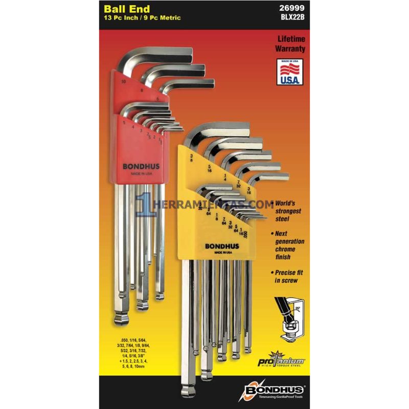 DOBLE PACK DE JUEGOS DE LLAVES HEXAGONALES PLATEADAS MÉTRICAS Y FRACCIONALES 22PZS. BONDHUS 26999
