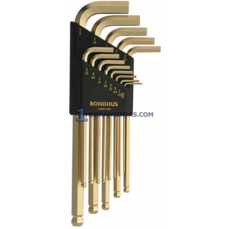 JUEGO DE 13 LLAVES HEXAGONALES DORADAS PUNTA DE BOLA DE .050" A 3/8". BONDHUS 37937