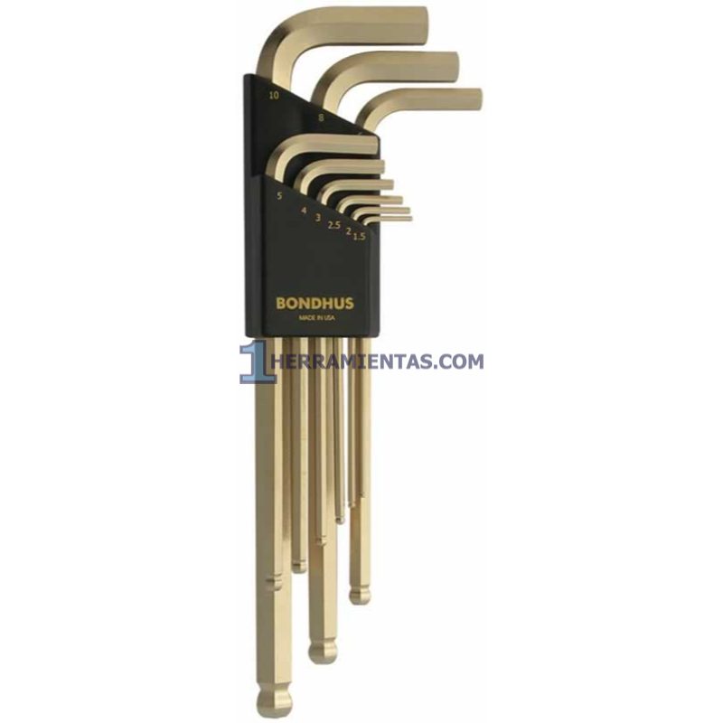 JUEGO DE 9 LLAVES HEXAGONALES DORADAS PUNTA DE BOLA MÉTRICAS. 1.5 A 10MM. BONDHUS 38099